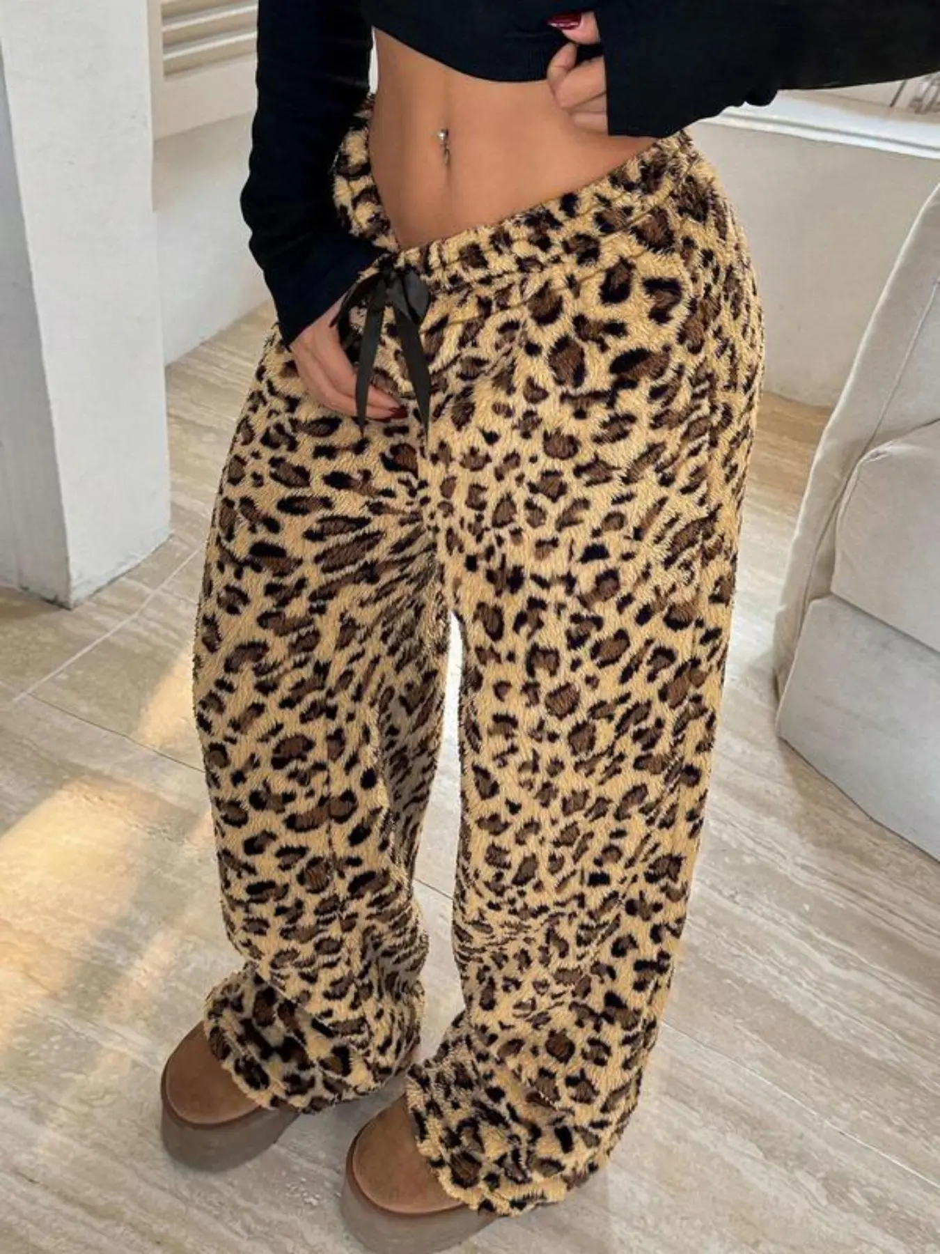 Women's All over Print Leopard Thermal Lined Thick Loose Sweatpants, Casual Comfy Pants for Fall & Winter, Women's Trousers for Daily Wear, Casual Fashion Trousers, Casual Fashion Bottoms, Casual Style Bottoms