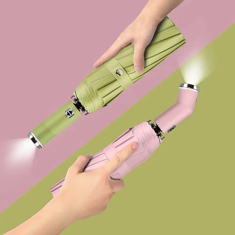 LED Flashlight Automatic Folding Umbrella with 180° Rotating Handle - Windproof, Waterproof, UV-Protective, Lightweight, Compact Portable Travel Umbrella with Cover, Metal Gift