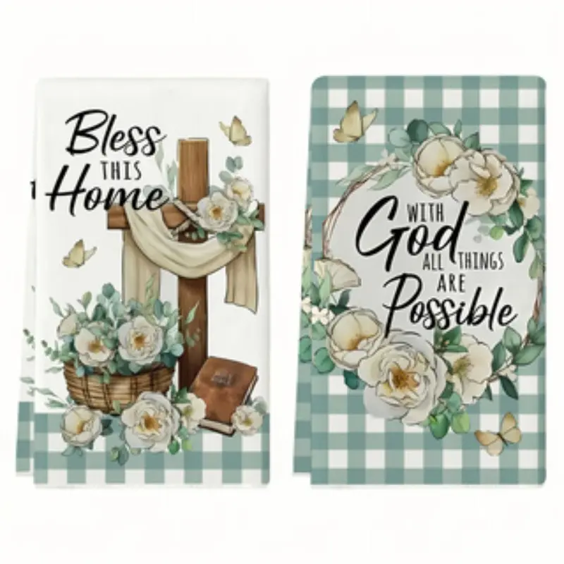 2-Piece Cross Floral St Patrick Kitchen Towels, Super Absorbent Reusable Durable Easy Clean Dish Wash Cloths & Hand Towel Set, Perfect Gift for Neighbors, Friends, Mom, Birthday