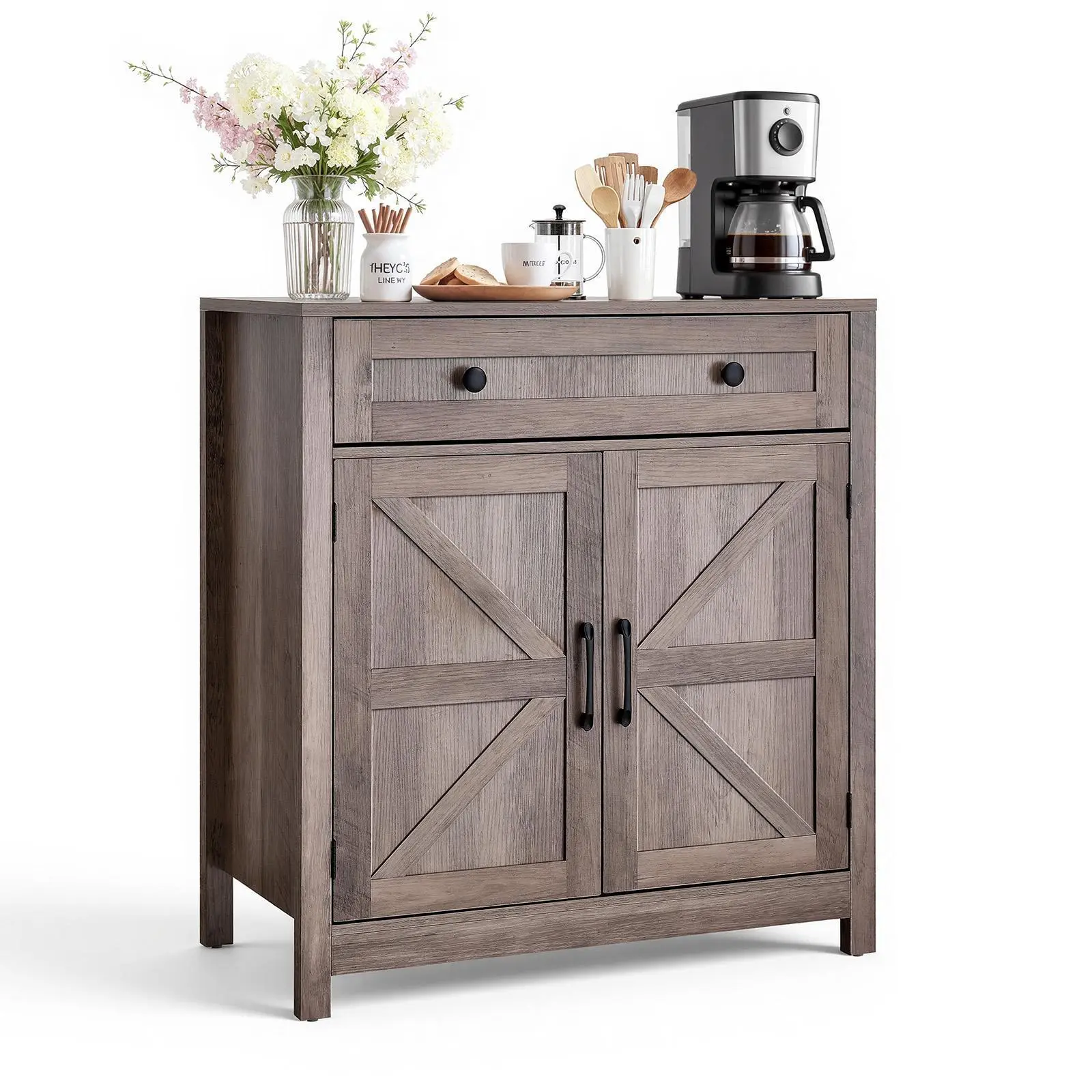 VEVOR Coffee Bar Cabinet, Farmhouse Coffee Bar Table with Drawer, Buffet Stand Cabinet with 2 Barn Doors, Sideboard Buffet Station for Living Room, Entryway, Kitchen, 29.5 x 14.7 x 31.5 in, Grey#SohoChic
