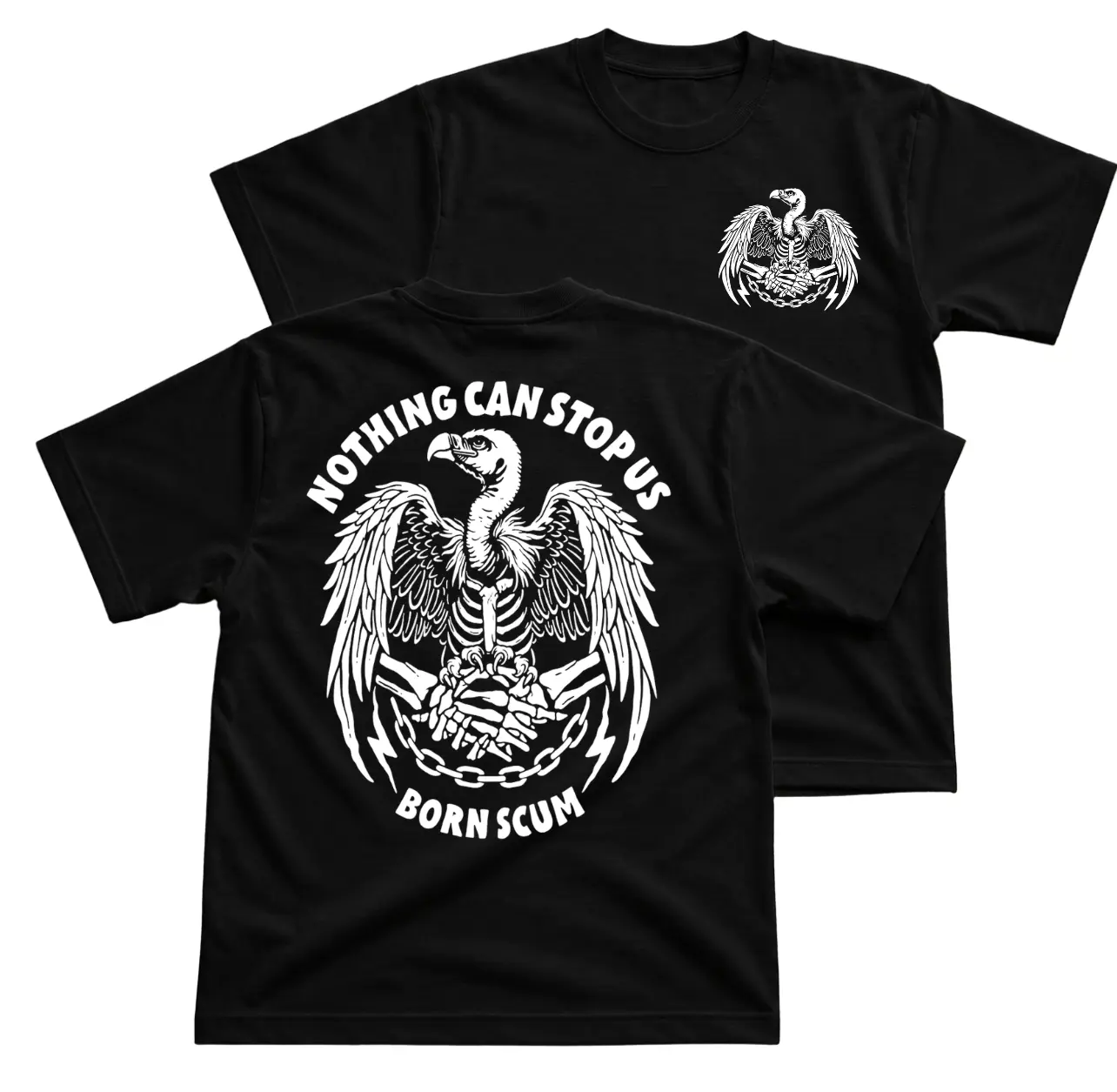 Born Scum Nothing Can Stop Us Biker T-Shirt, Vulture Skeleton Graphic Tee With Chain Back Print, Front Chest Vulture Logo Shirt, Motorcycle Streetwear Outfit, Alternative Rider Apparel Gift for Men and Women