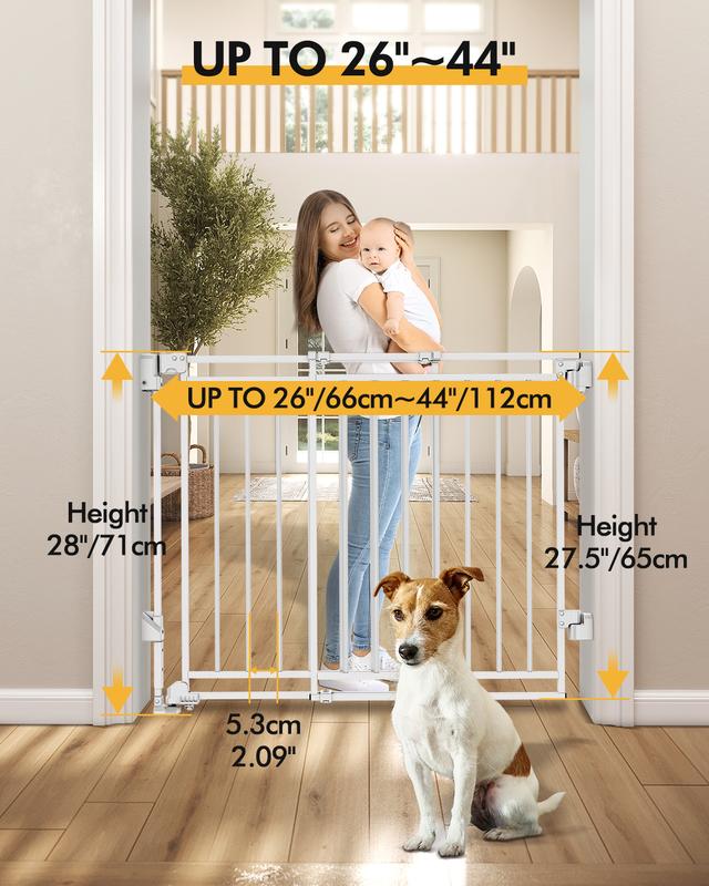 Baby Gate for Stairs Doorways & Kitchen, 26.4"-43" W x 29" H, No Bottom Bar Dog Gate, One-Handed Auto-Close, Hardware Mount Safety Gate for Dogs & Toddlers, Black
