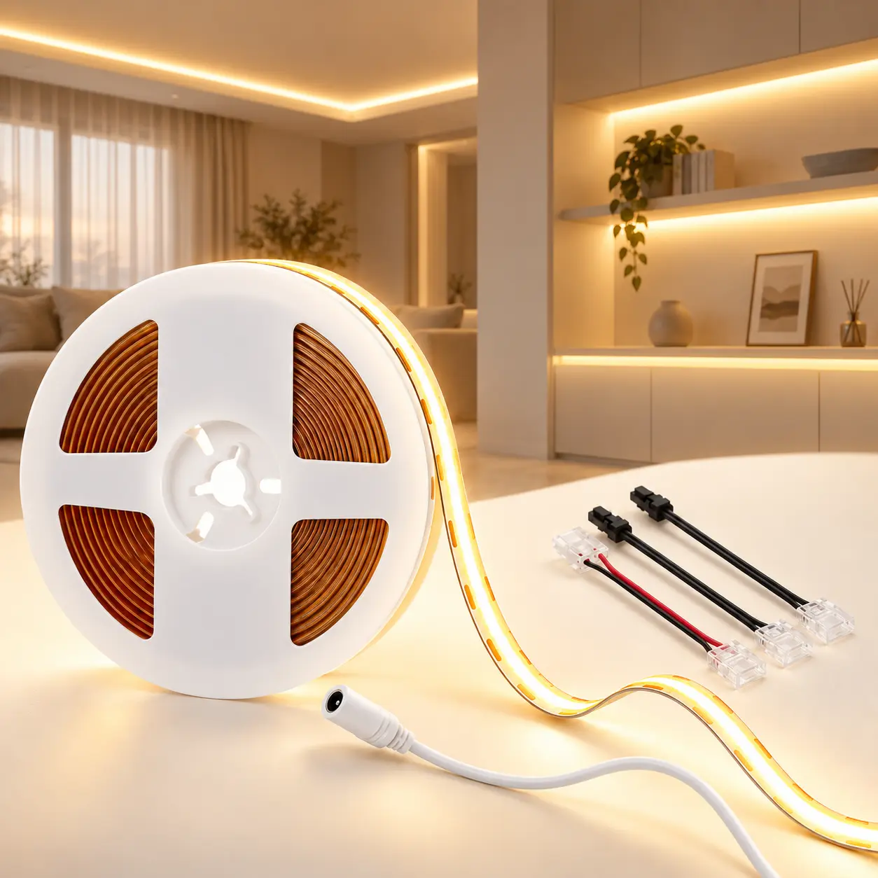 16.4ft Long 12V Stepless Dimmable CCT COB LED Strip Light - 2700K  / 4000K / 5000K, CRI95+, UL Listed, Cuttable Gold-Plated PCB, Strong Self-Adhesive Backing, Flicker-Free Indoor Underlighting for Bedroom, Kitchen Cabinet (NO POWER SUPPLY)