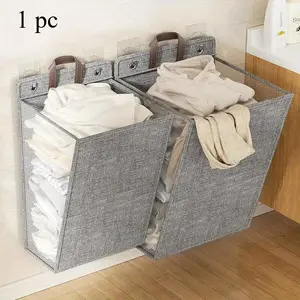 Foldable Adhesive Laundry Basket Hamper, Multifunctional Punch Free Wall Hanging Washing Clothes Mesh Hook Organizer