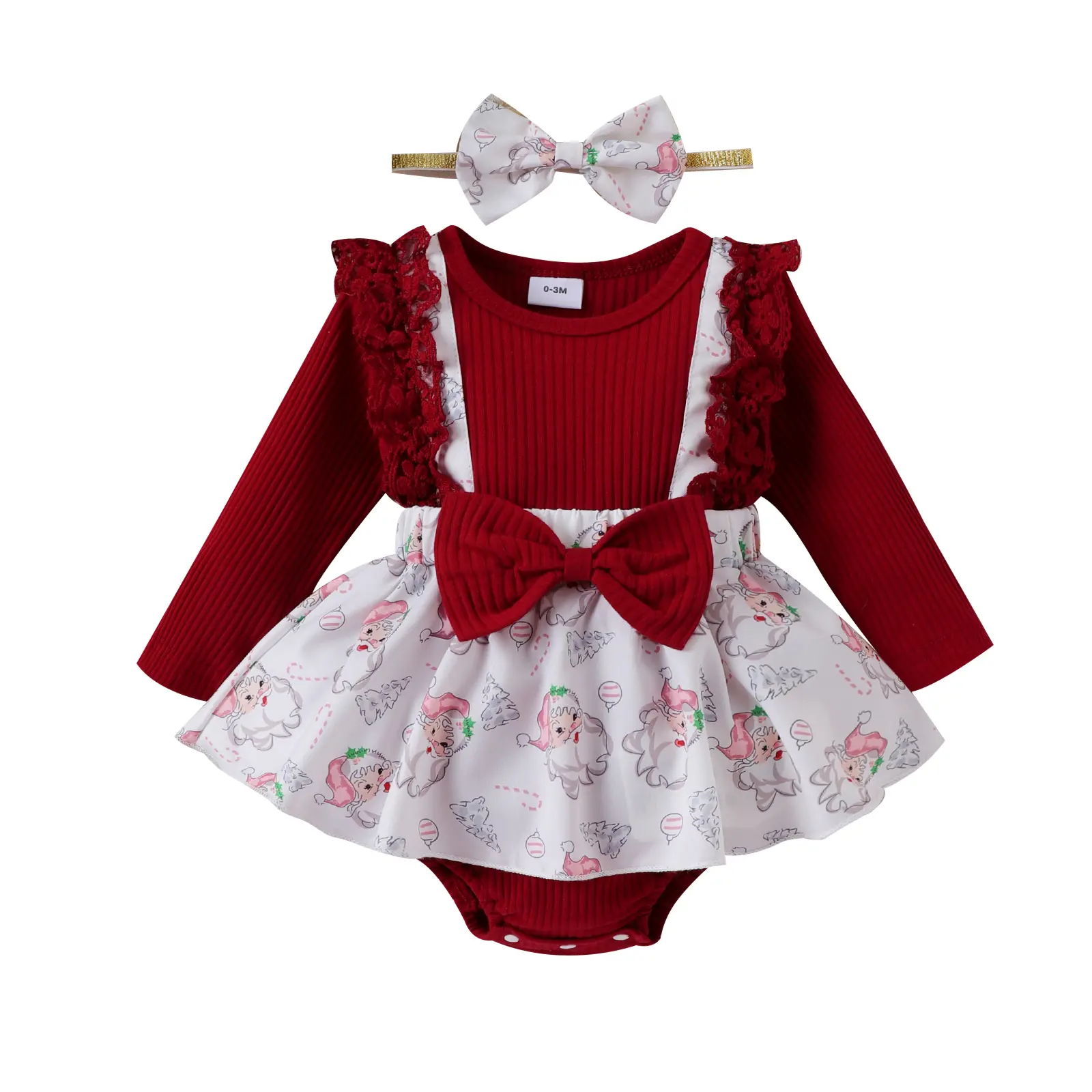 Baby Girls  Christmas Outfits Long Sleeve Bow Front Ribbed Romper with Headband Set Newborn Clothes 2Pcs