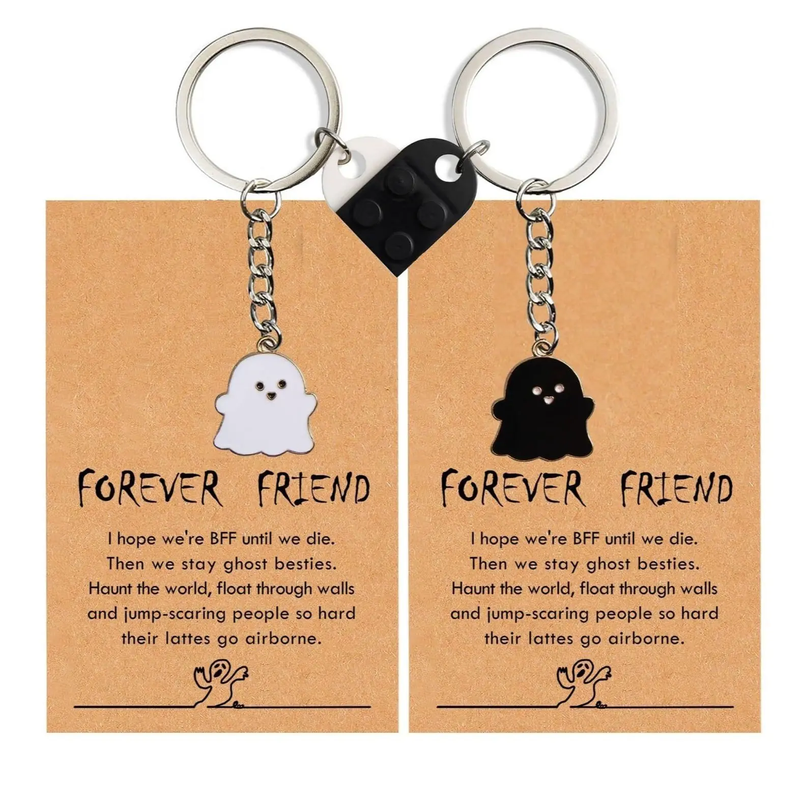 2PCS Cute Ghost Best Friend Keychain Set with Friendship Cards, BFF Heart Charm or Puzzle Heart Matching Keychains for 2, Funny Halloween Gifts, Boo Basket Stuffers and Bestie Gifts for Women Teens