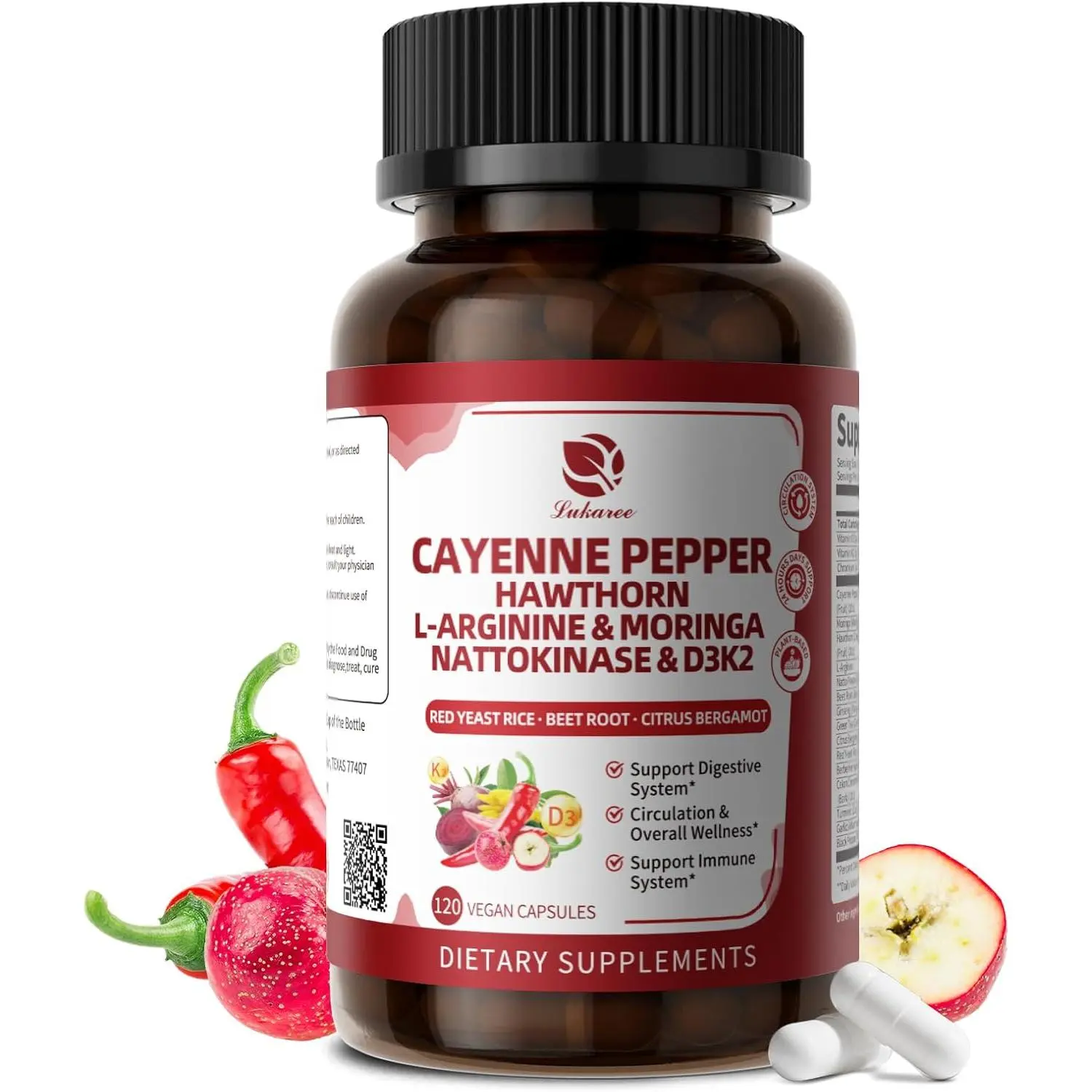 Cayenne Pepper Enteric-Coated Capsules - 18 in 1 Concentrated Complex w/High Potency Nutrient Moringa, Hawthorn, L-Arginine & D3K2 - Supports Circulation, Heart & Digestion* - Natural | GMP, 120 Ct