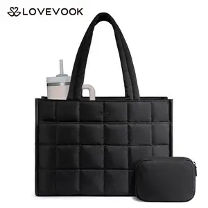 LOVEVOOK Tote Bag for Women, Puffer Work Handbag 15.6 Inch Laptop Purse for Nurse Teacher, Large Quilted Travel Tote Shoulder Bag with Zipper for College Office Clinical Gym, Khaki TikTokShopStockUp