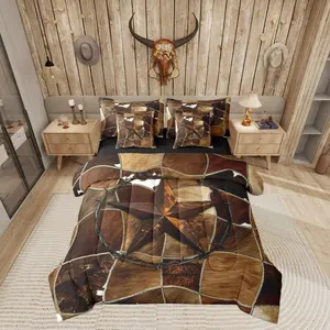 Rustic Cow Print Comforter Bed Set with Sheets,7 Piece Vintage Western Texas Star Pattern Bed Bag,Cowhide Bull Cattle Fur Bedding Set,Kids Bed Set