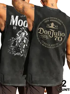 Unlock American Vintage Style, Men's Fitted Sleeveless Round Neck Breathable Tank Top, Skin-Friendly Soft Cotton Material, Unique Graphic Print, Two-Piece Vest Set