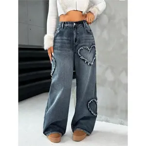 Women’s classic new straight-leg jeans with heart embroidery, elegant fitted woven denim for all seasons, versatile washed jean style
