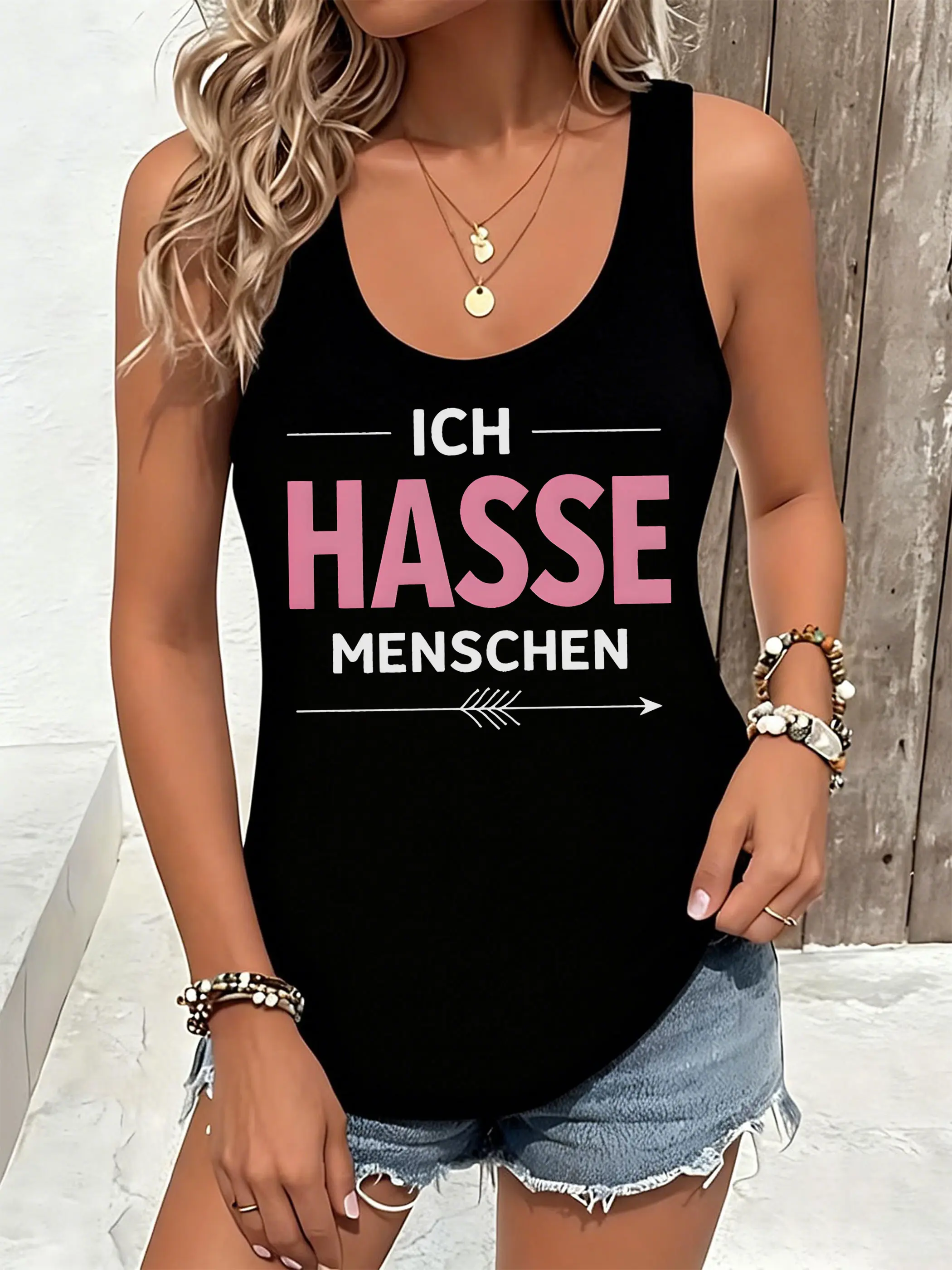 Women's Tank Top German "Hate" Text Image Versatile for Daily Wear