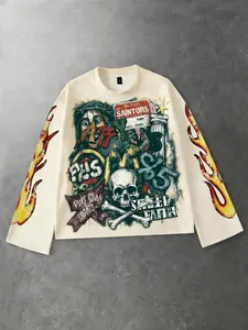 Y2K graffiti printed long sleeved T-shirt for both men and women with flared sleeves, featuring an aesthetic geometric pattern. European and American street style round neck long sleeved shirt, fashionable T-shirt, men's clothing, American street fashion