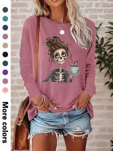 Women's Halloween Skull Print Long Sleeve Round Neck Casual T-Shirt, Comfortable Fabric, Available in 10 Colors, All Seasons Wear