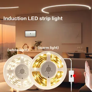 Smart-sensing LED light strip with hand-wave activation; USB 5V powered; warm white/cool white light options; features strong adhesive backing and a flexible design; suitable for mirrors, kitchen cabinets, bedrooms, and Christmas decorations.