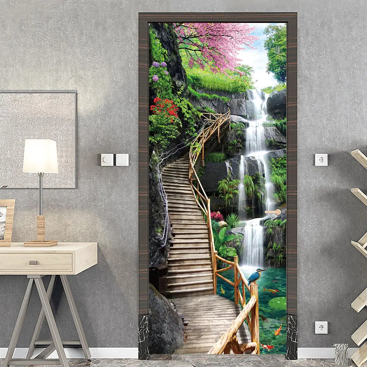 2pcs Waterfall Scenery Pattern Door Sticker, Self-adhesive Removable Wallpaper, Decorative Wall Sticker for Home Living Room Bedroom, Door Decorations, Wall Decal, Waterproof Wall Decals, Waterproof Durable Sticker