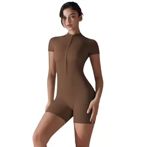 New Summer Zipper Short Sleeve Shorts Yoga Jumpsuit, Women's Tight One-Piece Sportswear for Dance, Fitness & Workout