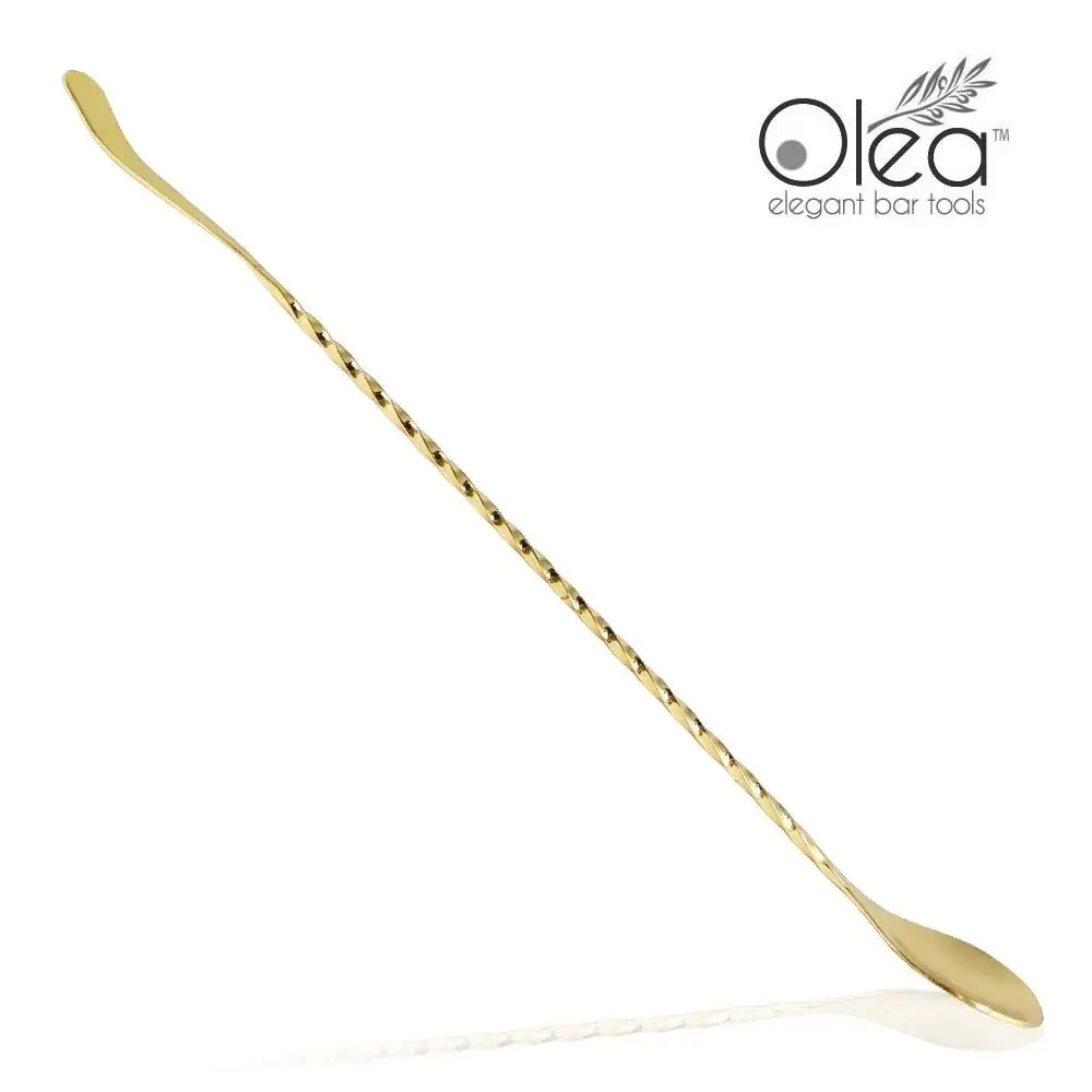 Olea™ Elegant Reflective Gold-Plated Durable Stainless Steel Twisted Handle Bar Spoon - 30cm Length, Bent Flat Tipped, Cocktail Mixing Utensil, Layering Tool for Ultimate Control and Grip, Not Dishwasher Safe, Reflective Gold Plating