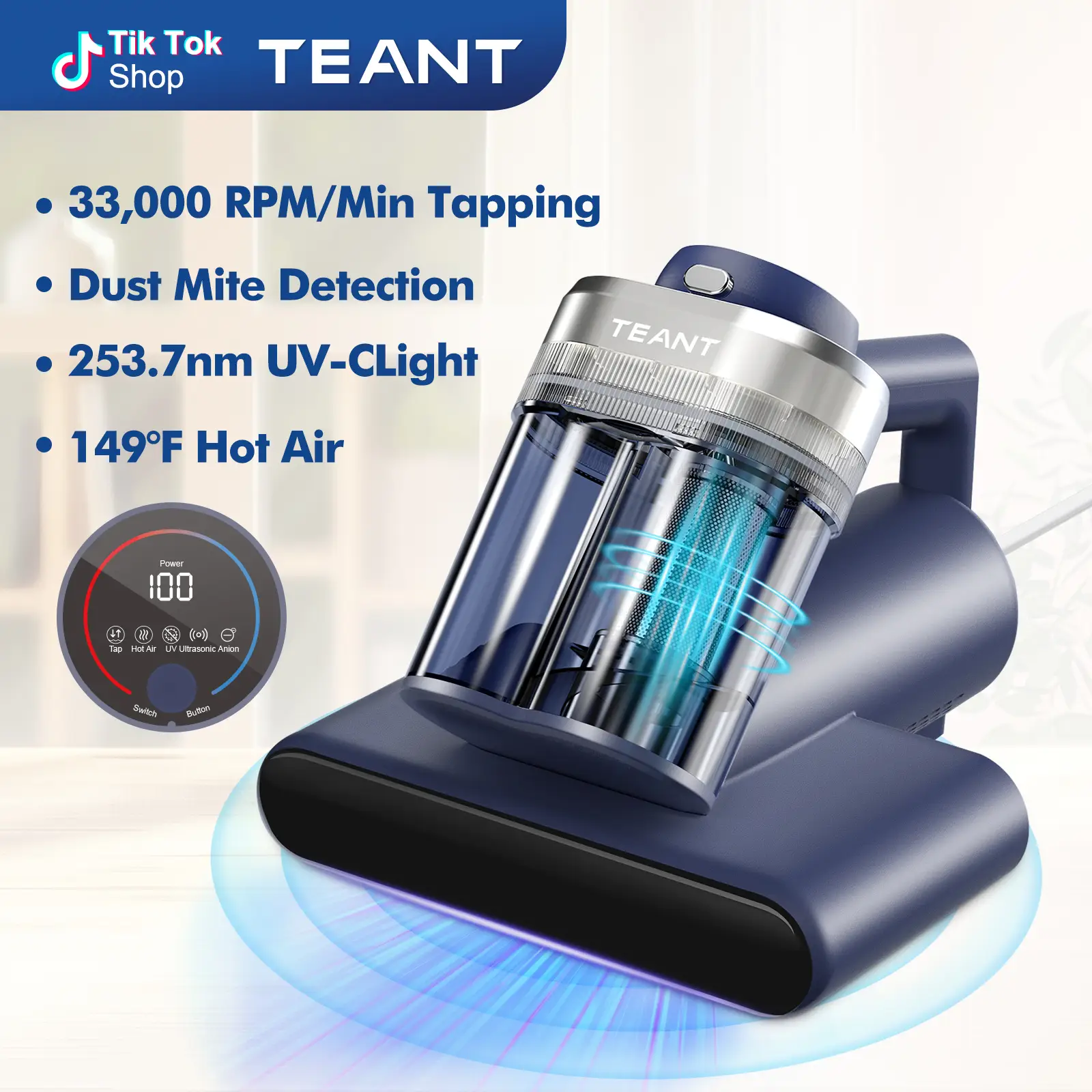 Teant Bed Vacuum Cleaner for Dust Mites Removal,Mattress Vacuum with LED Display & Aroma Tablet & UV-C Light & 149℉ Hot Air, 16Kpa Strong Suction Doub