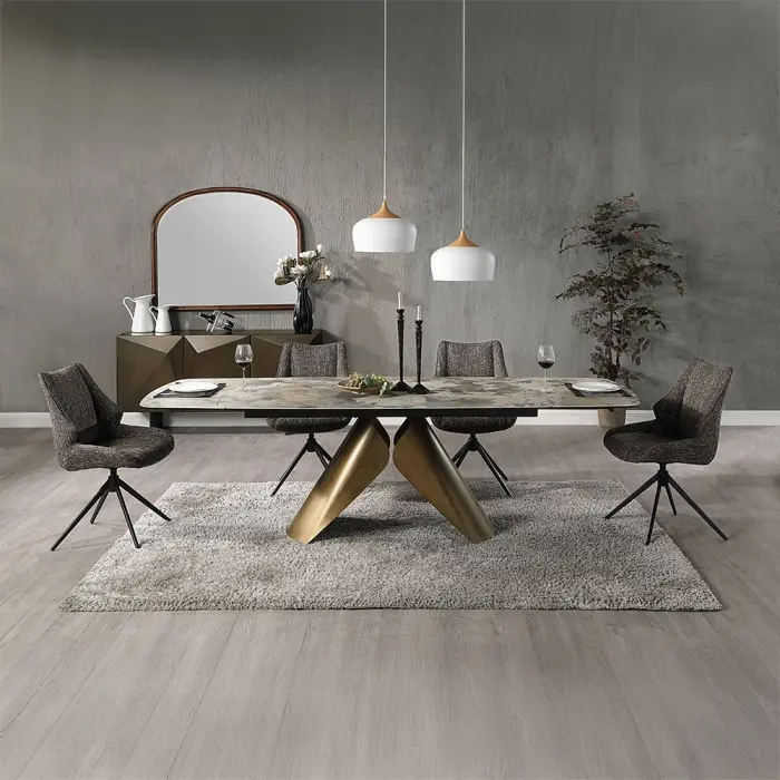 Acme DN03595-7PC Malika 7-Piece Extensible Dining Table Set, 6 Side Chairs (6 Seats), 39" W x 71" (102" with 2-20" Leaves), Golden Copper Finish, Brown Ceramic Marble Top, Safety Rounded Edges, Assembly Required, Luxurious Modern Indoor Furniture, Safety