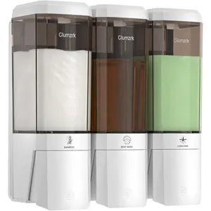 Shampoo and Conditioner Dispenser 3 Chamber 17oz No Drill Shower Soap Dispenser Wall Mounted Shampoo Conditioner Body Wash Refillable Bathroom Shower Dispenser (White+Smoke Gray 3 Chamber)