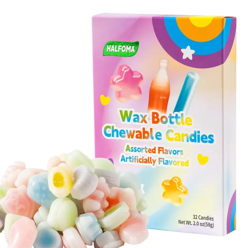 Halfoma Wax Bottle Chewable Candy, with Various Fruit-flavored Syrups in the Middle, Boxed, 58g, 32 Candies