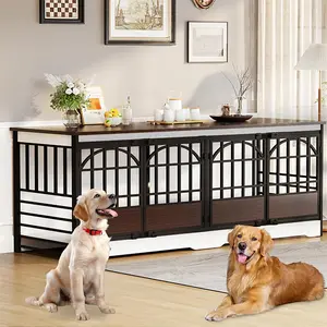 COZPAW 86 Inch Double Dog Crate Furniture for 2 Dogs, Decorative Dog Kennel Indoor TV Stand, Heavy Duty Wooden Dog Cage for Large Medium Dogs Sized Dog Pet House with Divider (White)