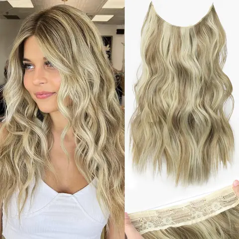 Sohochic AISI HAIR 16/24 inch Curly Wavy Invisible Wire Hair Extensions with Transparent Wire Hairpieces for Women halo hair Wavy Synthetic Hair Glueless Clip In