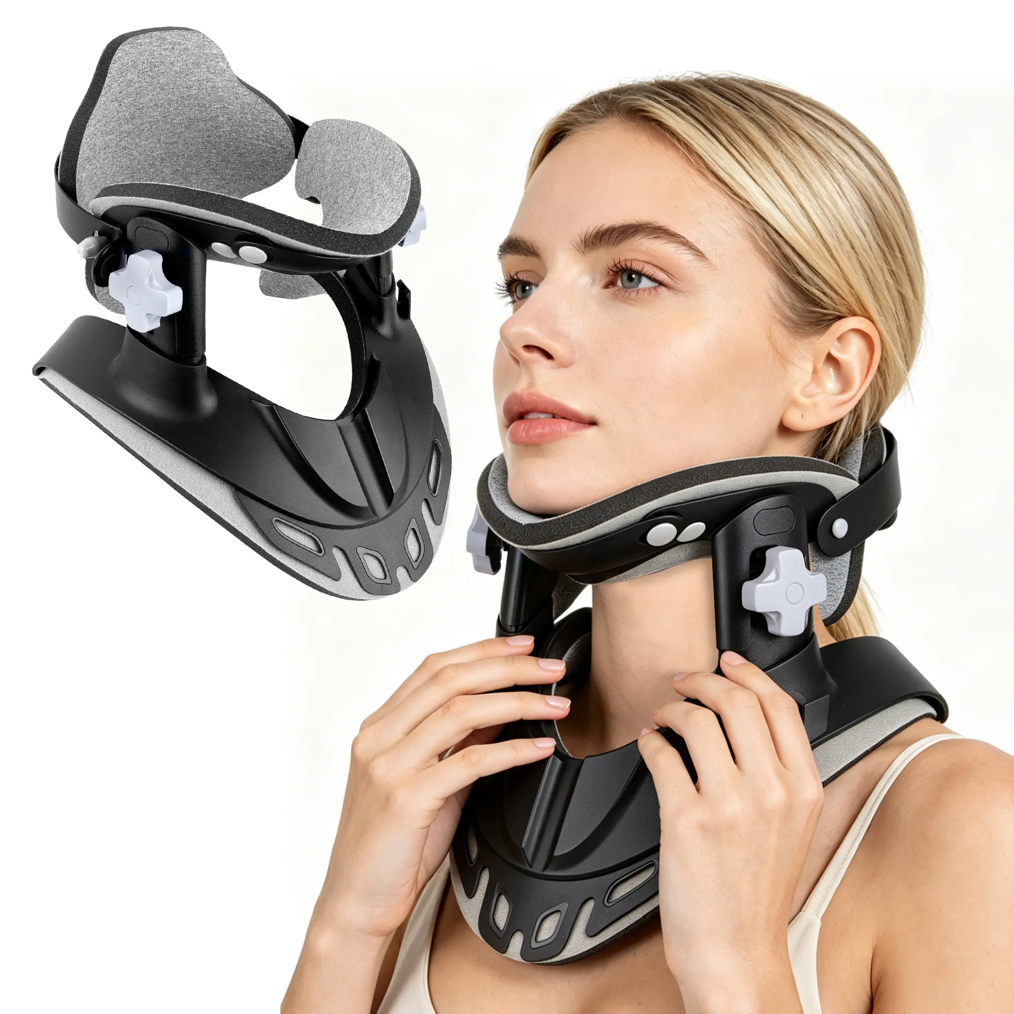Cervical Neck Traction Device - Multi-Knob Mechanical Adjustment, Multi-Angle Support, Ergonomic Lightweight Collar for Spine Alignment, Decompression, Tension Relief - Home & Office Use