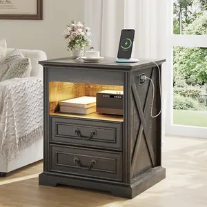 Dystler Nightstand with Gun Drawer, Farmhouse Bedside Table with Charging Station, Night Stand with LED Light and Human Sensor, End Table with 2 Drawers for Bedroom, Rustic Brown
