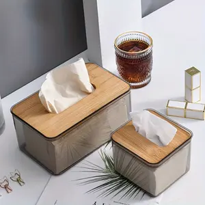 Rectangular Elegant Bamboo-Lid Transparent Tissue Box - Luxury Napkin Holder for Bathroom & Dining Room Rectangle Small