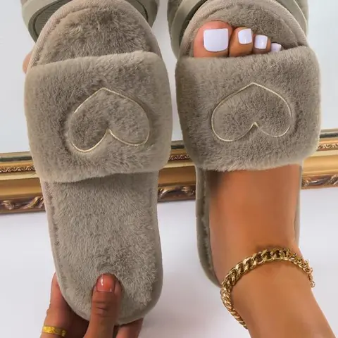 Women's Heart-Embroidered Plain Fuzzy House Slippers - Soft Plush-Lined, Anti-Slip, Breathable, Lightweight Flat Below-the-Ankle Casual Footwear for Fall Winter Lounging at Home, Holiday Gifts
