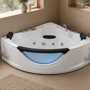 ARCH 59-Inch Corner Whirlpool Bathtub for 2-Person, Acrylic Jetted Spa Tub with 6 Hydro Massage Jets, Chromatherapy LED Lights, Pneumatic Adjust System, UL Certified Pump, UPC Certified Drainer, Milk White, Milk White Color Options