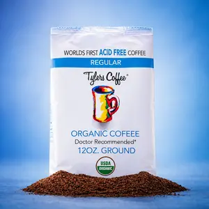 Tyler's Coffee Regular Ground 12oz Bag - World's First Acid-Free Organic Coffee with USDA Certified AAA Arabica Beans & Z-Roasting Process