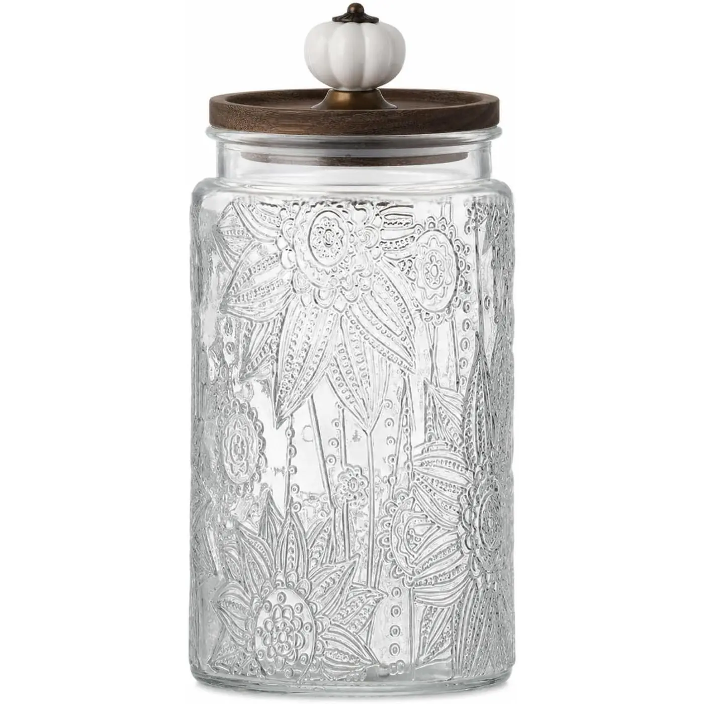 34 Fl oz Vintage Glass Jar with Lid, Airtight Food Storage Container, Embossed Kitchen Canister with Pumpkin Knob Lid for Sugar, Coffee, Tea, Candy, Cookies, Pasta, Cereal, Decorative Pantry Jar