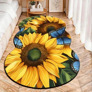 Sunflower Blue Butterfly Style 2D Flat Velvet Irregular Rug, Non-Slip Design, Bedroom Room Decor, All Seasons