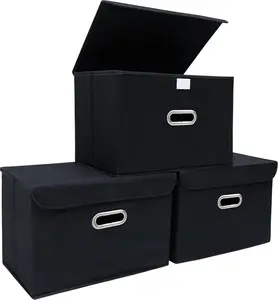 Foldable Fabric Storage Cube Bins Collapsible Organizer Basket with Lids and Metal Handles, for Home Bedroom Closet, Black, 3 Pcs