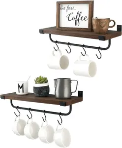 Wall Mounted Mug Holder Set of 2 – Rustic Coffee Rack with Hooks, Brown