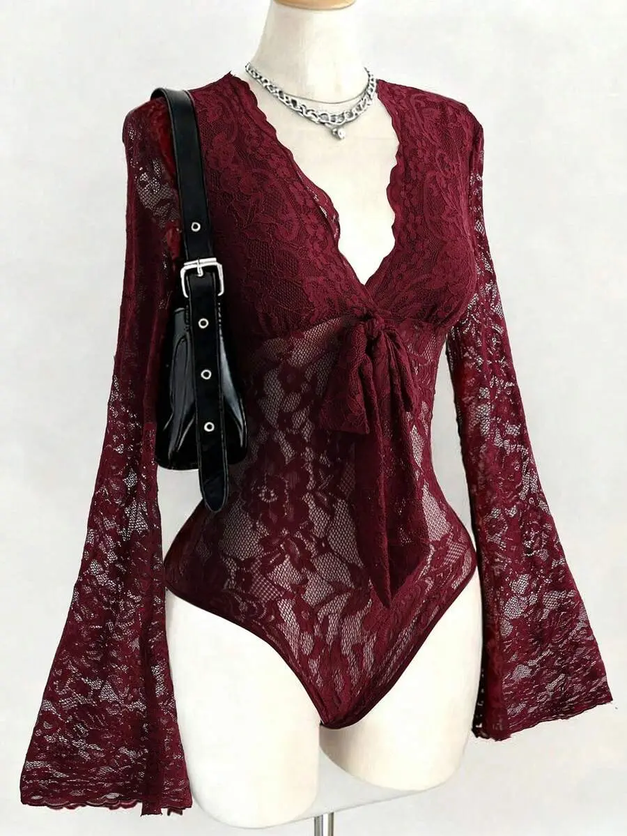 Velia x [FS] Franclia Black Deep V-Neck Lace Trim Front Tie Long Flare Sleeve Bodysuit,Fall Winter Gothic Tight-Fitting Elegant Night Out Fashionable Women's Bodysuit