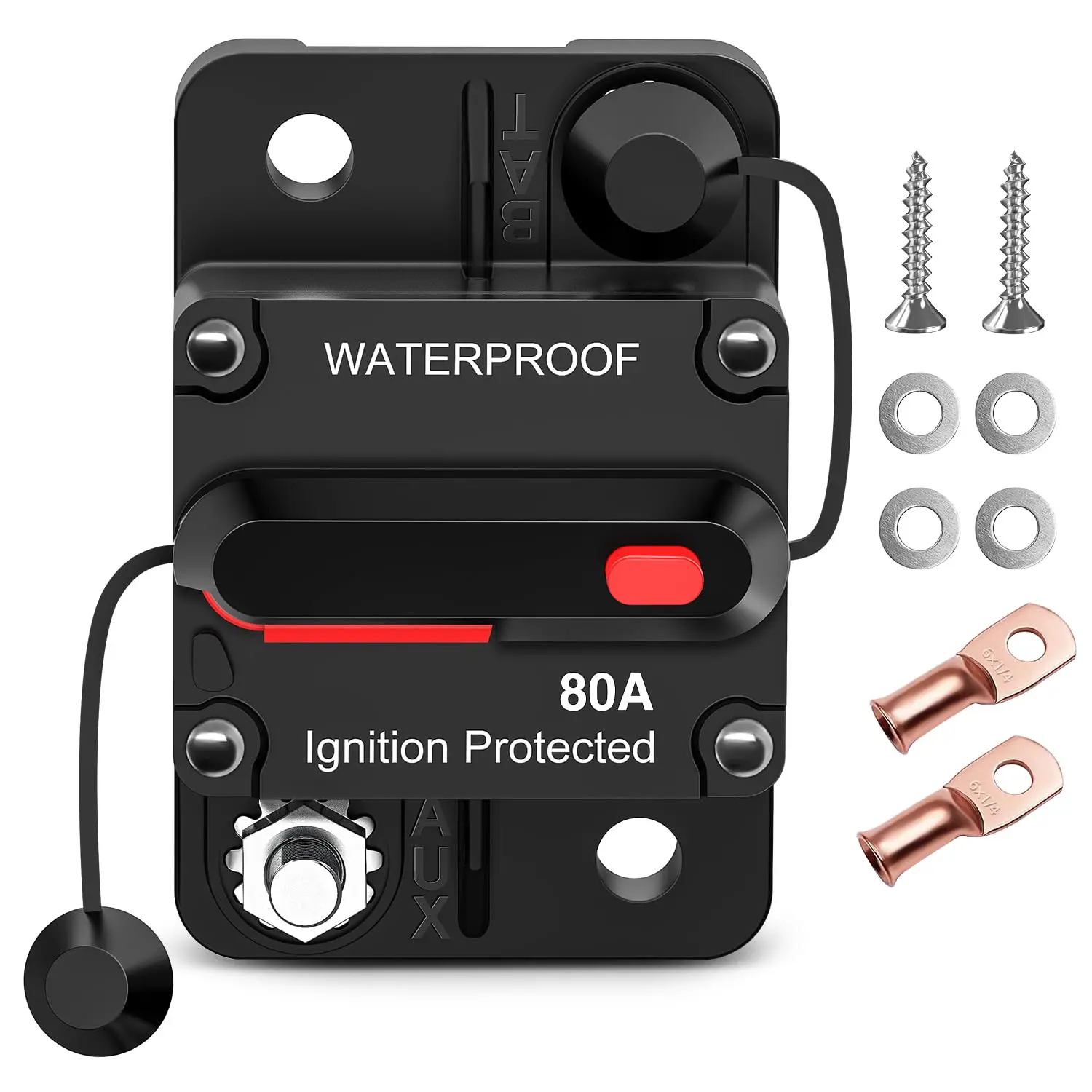 Nilight 80A Resettable Circuit Breaker - 12-48V DC, Manual Reset Button, Copper Wire Lugs, Surface Mount, Overload Protection, Includes Accessory 2 Hex Screws, for Boat, Household Appliances, Medical Equipment, 2-Year Warranty