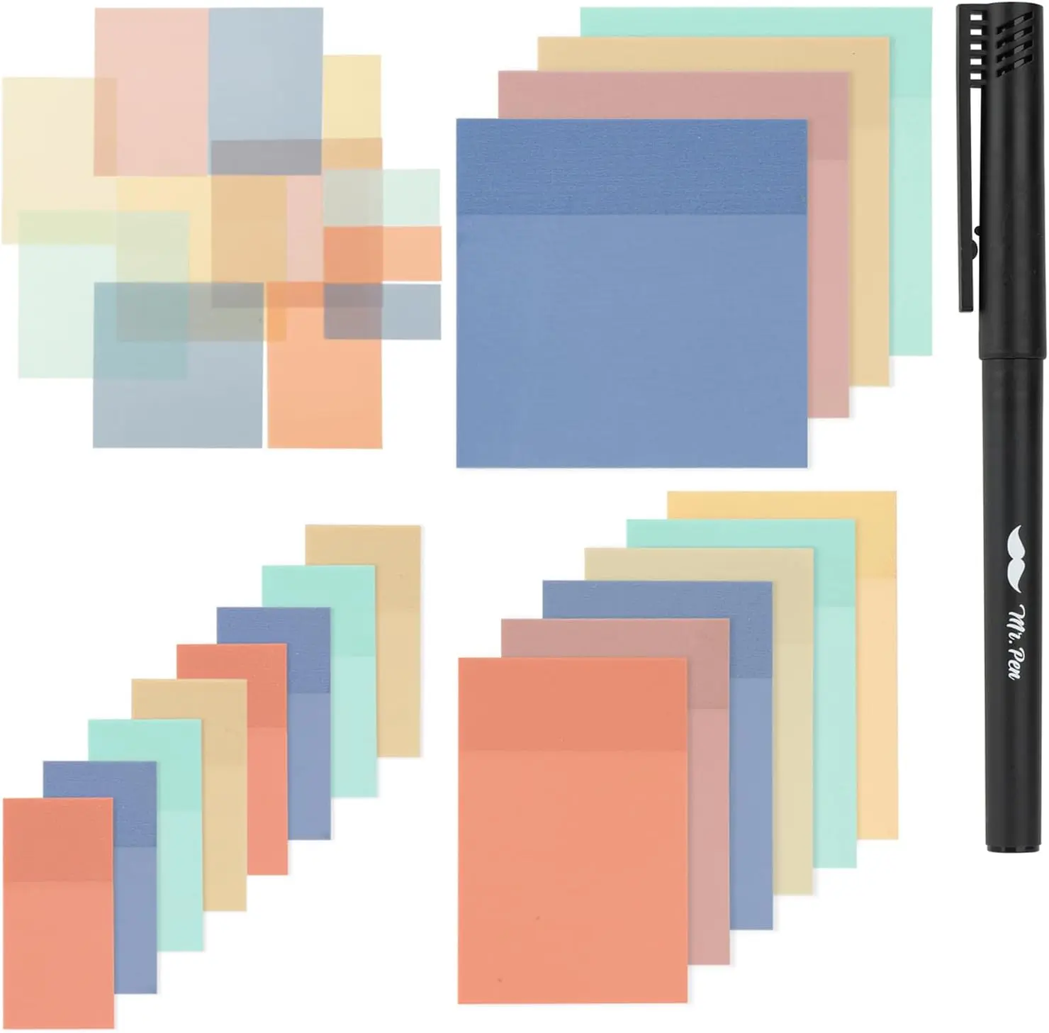 Mr. Pen Transparent Sticky Notes Colorful Set - 18 Pads, 900 Sheets, 1 Included Pen