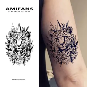 AMIFANS Temporary Tattoo Leopard & Jungle Leaves, Semi Permanent Tattoo,Lasting 1-2 Weeks Tattoo, Long Lasting Tattoo, Juice Tattoo, Realistic Tattoo, Romantic Tattoo, Fake Tattoo, Waterproof, Authentic Tattoo Look, Niche Design Tattoo, Fruit Tattoo
