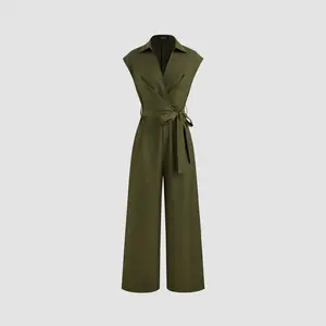 Cider [2 colors, size 2-10] Collar Solid Pocket Wide Leg Jumpsuit With Belt