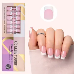 ELLIE YOUNG PRO-TIPS Medium Square White French Tips with Pink Base, 160pc Press-On Nails Kit – 16 Sizes, Matte Gel Acrylic Look, Soft Gel DIY Extensions, Nail Art, Fake Nails
