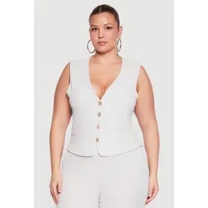 Plus Size Textured Knit Button Front Waistcoat