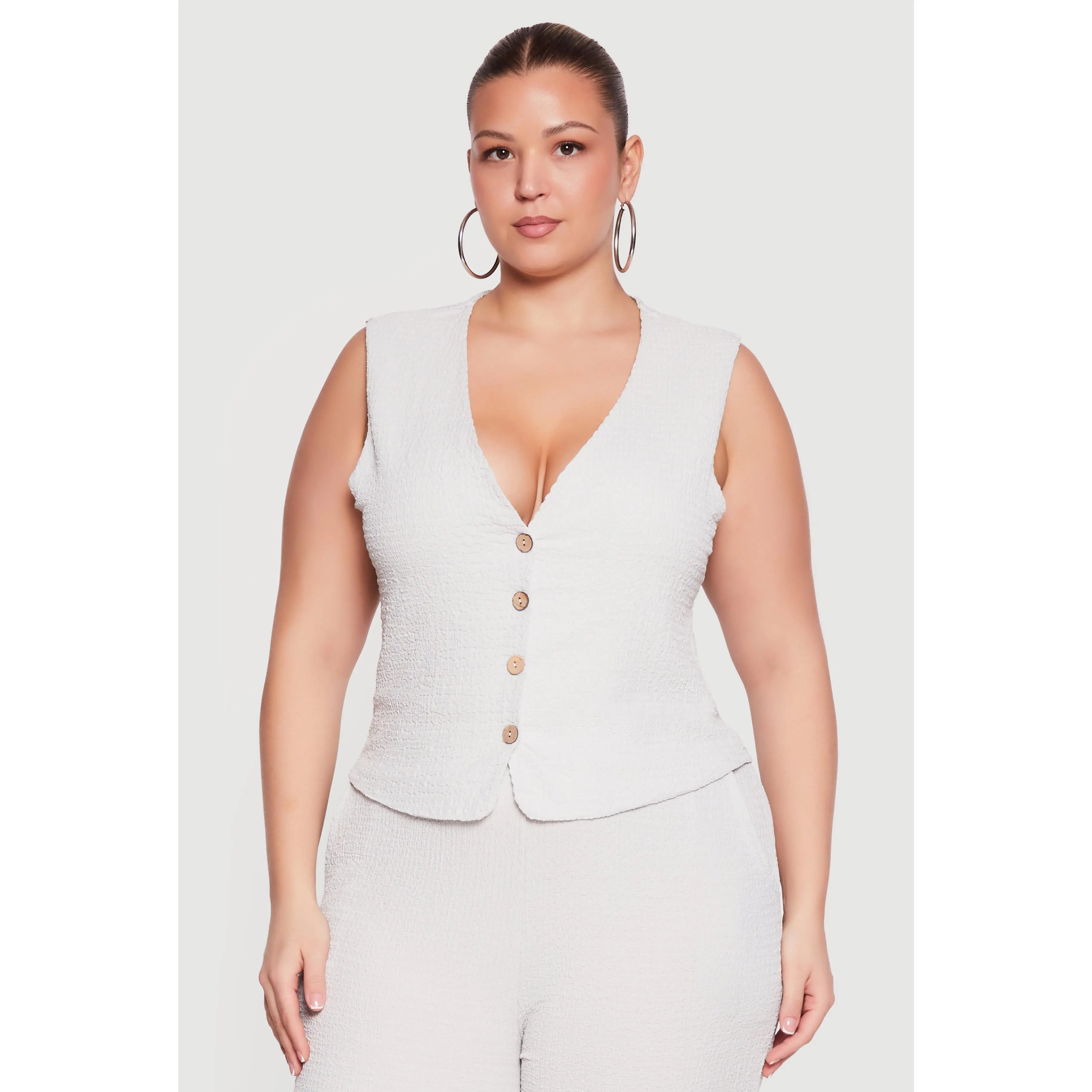 Plus Size Textured Knit Button Front Waistcoat