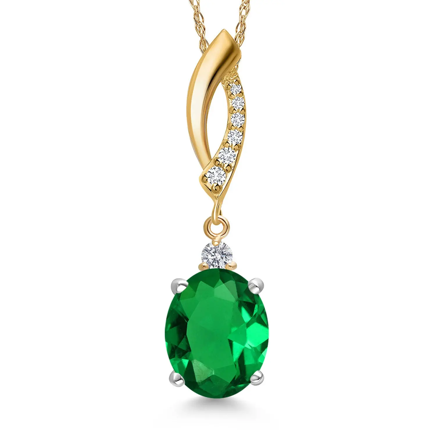 Gem Stone King 925 Silver and 10K Yellow Gold Green Nano Emerald and Lab Grown Diamond Pendant Necklace for Women | 2.13 Cttw | Gemstone May Birthstone | Oval 10X8MM | With 18 Inch Chain