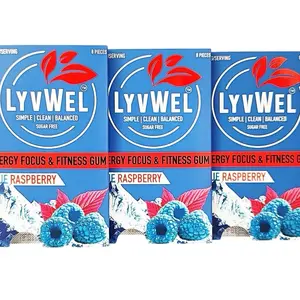 3 Pack-BLU RASPBERRY Caffeinated Chewing Gum-80mg -24 Pieces Snack Bubblegum Fruit