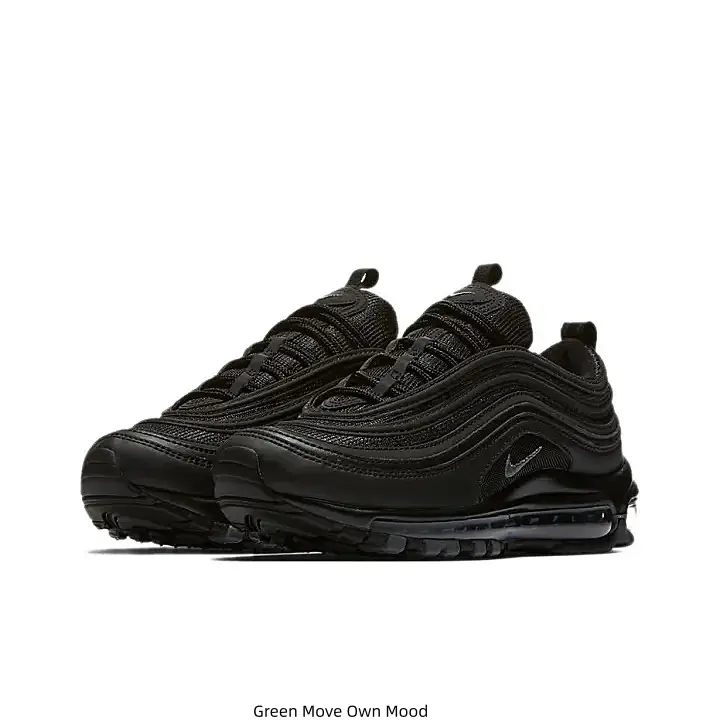 Full Black Knit Upper Air Cushion Running Sneakers Black Midsole Black Nike Swoosh Logo Transparent Full-Length Air Sole Black Rubber Outsole Lace-Up Daily Casual Sports Trainers for Men Women