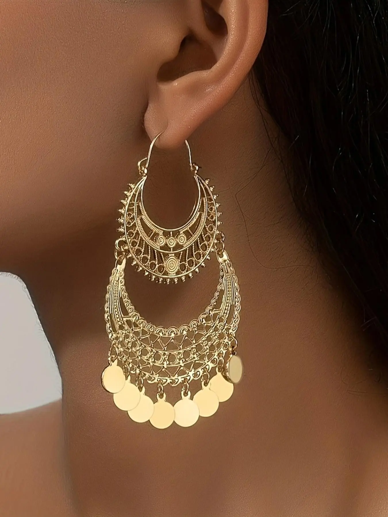 Boho Style Hollow Out Design Tassel Dangle Hoop Earrings, Fashionable Earrings, 1 Pair Fashion Jewelry for Party, Daily Clothing Decor, Trendy All-match & Exquisite Jewelry for Birthday Gift